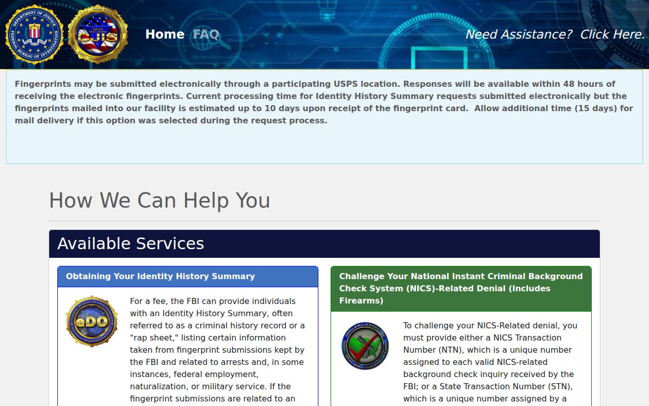 FBI electronic identity history summary service