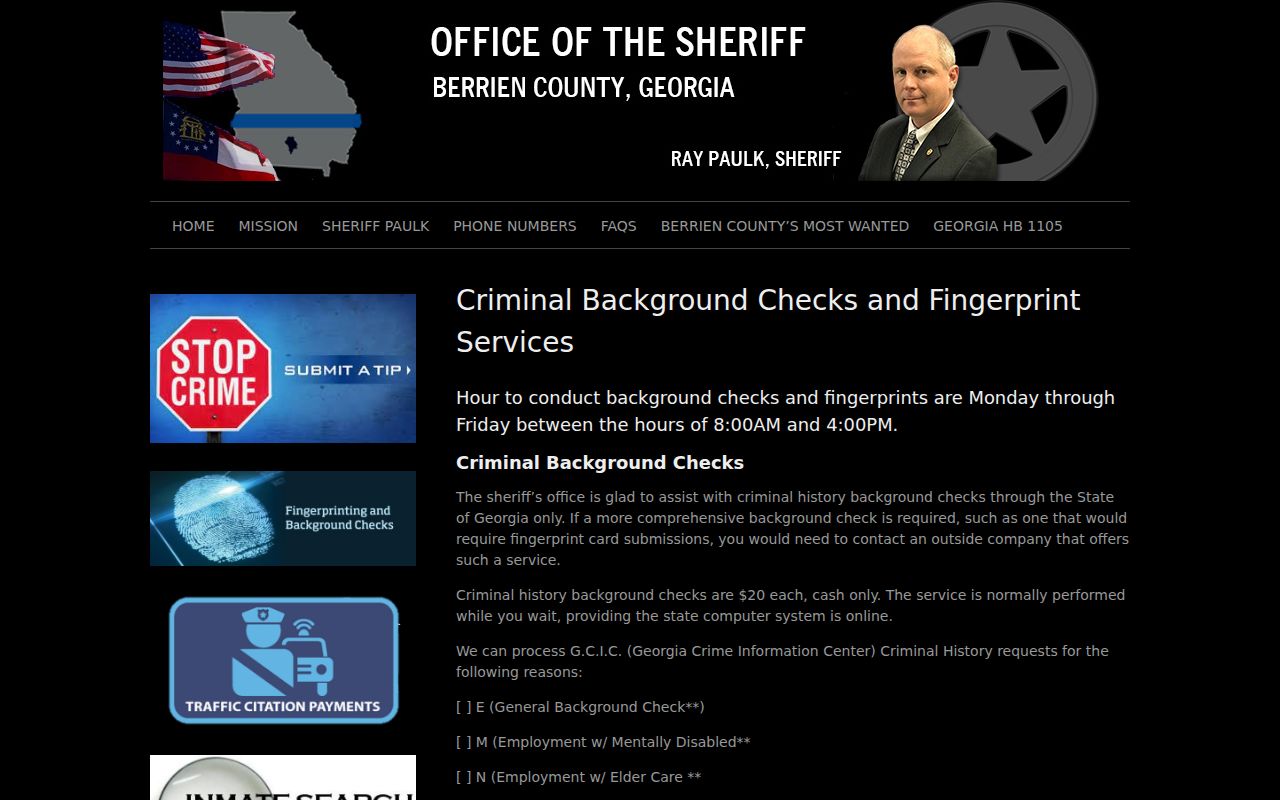 Berrien sheriff criminal history service for Ray City records